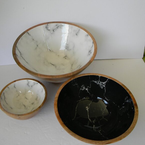 NEW Temp-tations x Alberti Set of (3) Mango Wood Bowls MARBLE STACKING SERVING. - Picture 1 of 4